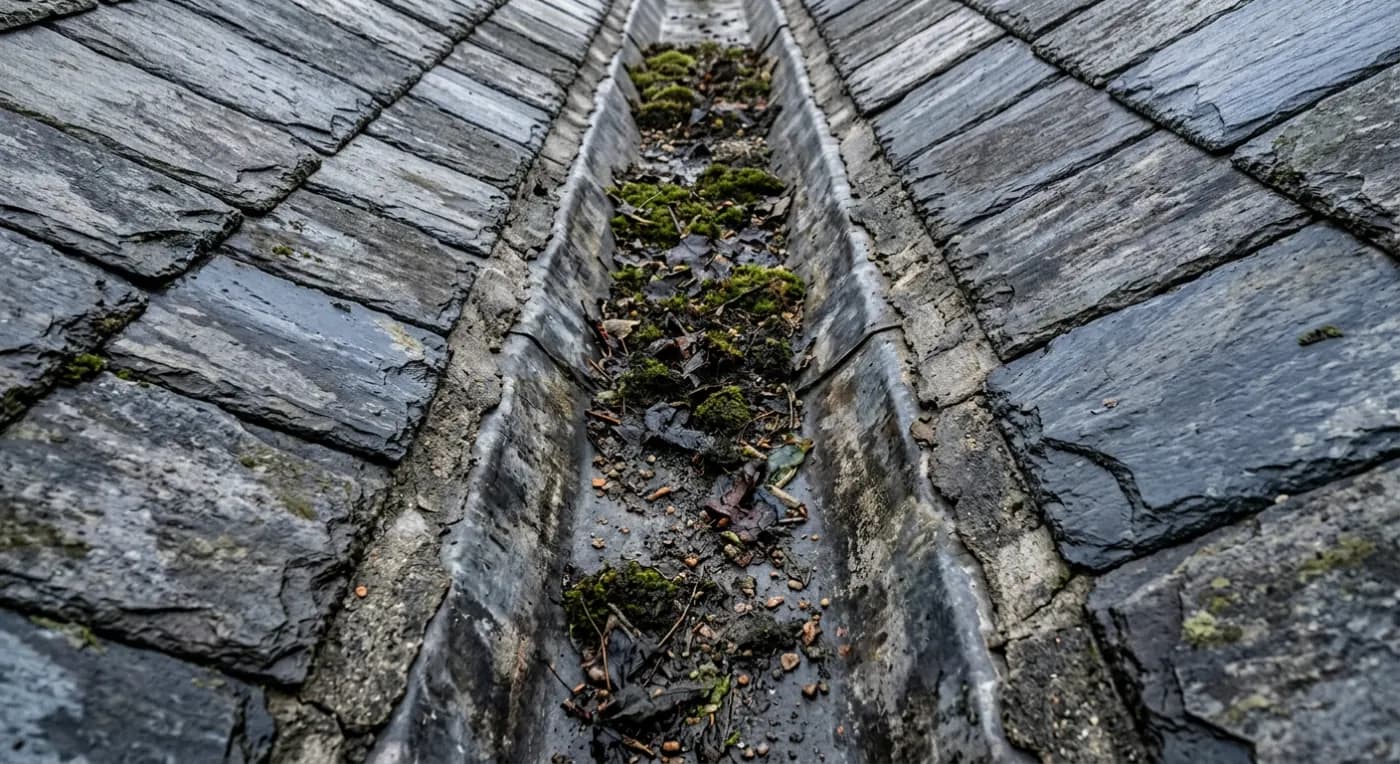 Lead valley gutter between two slate slopes, blocked with moss and leaf litter