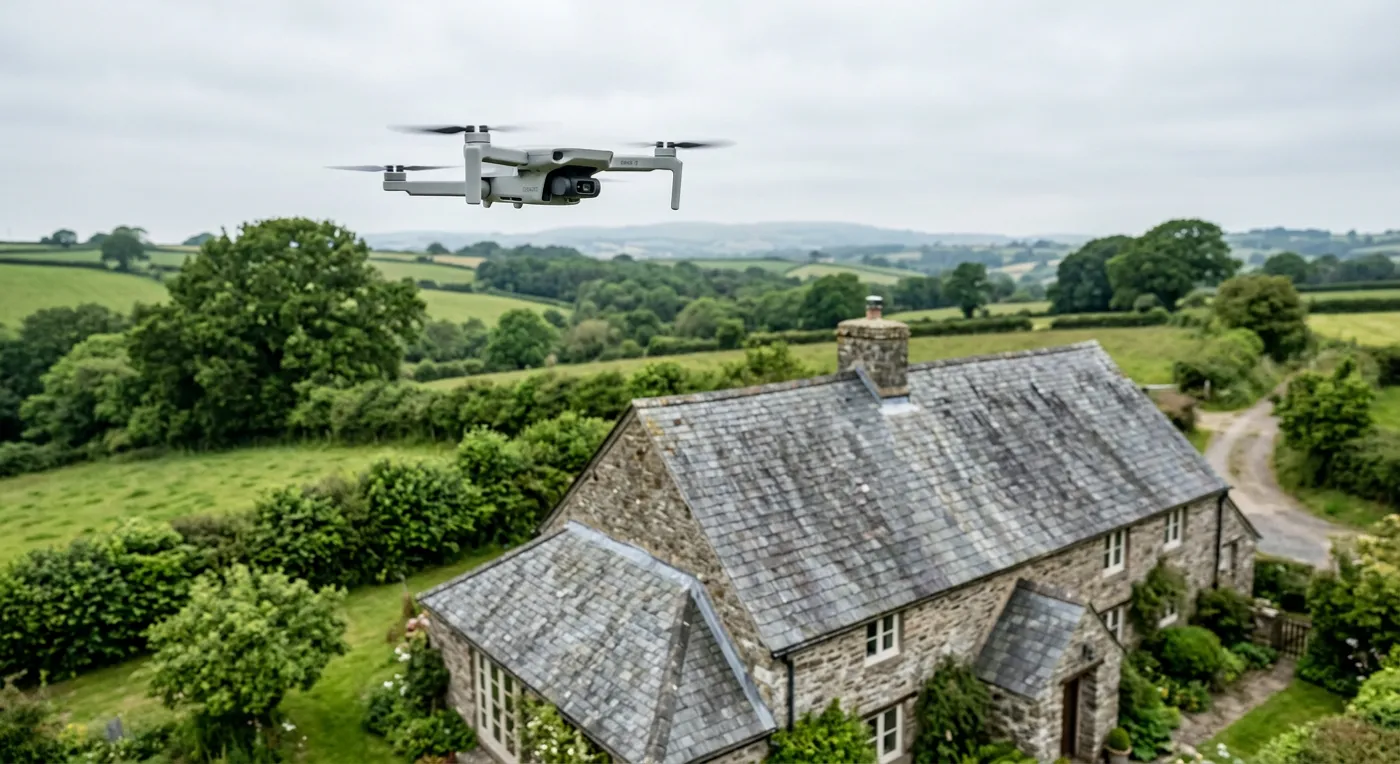 A grey folding survey drone with a gimbal camera hovering beside the slate roof of a Devon stone house