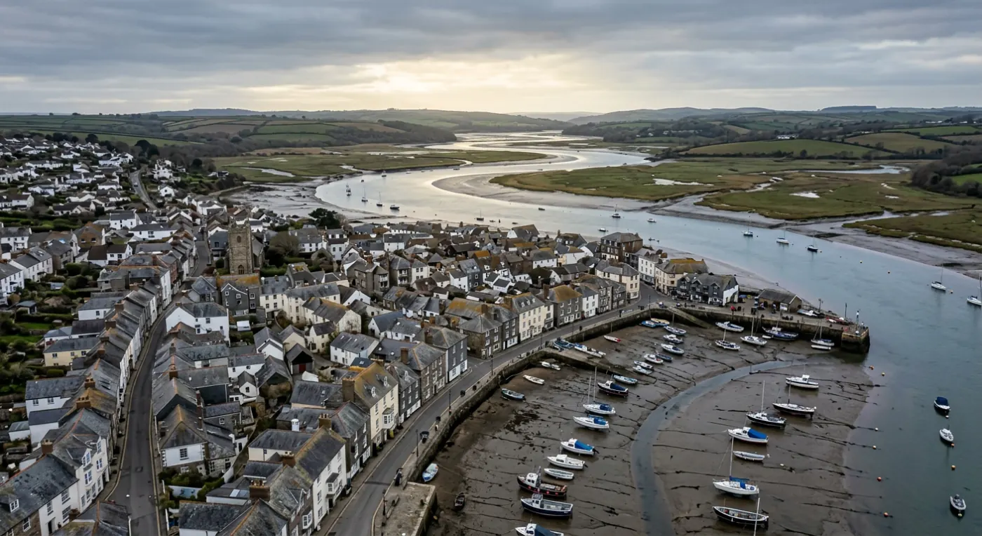 Aerial view of an estuary town at low tide with slate and tiled roofs along the waterfront