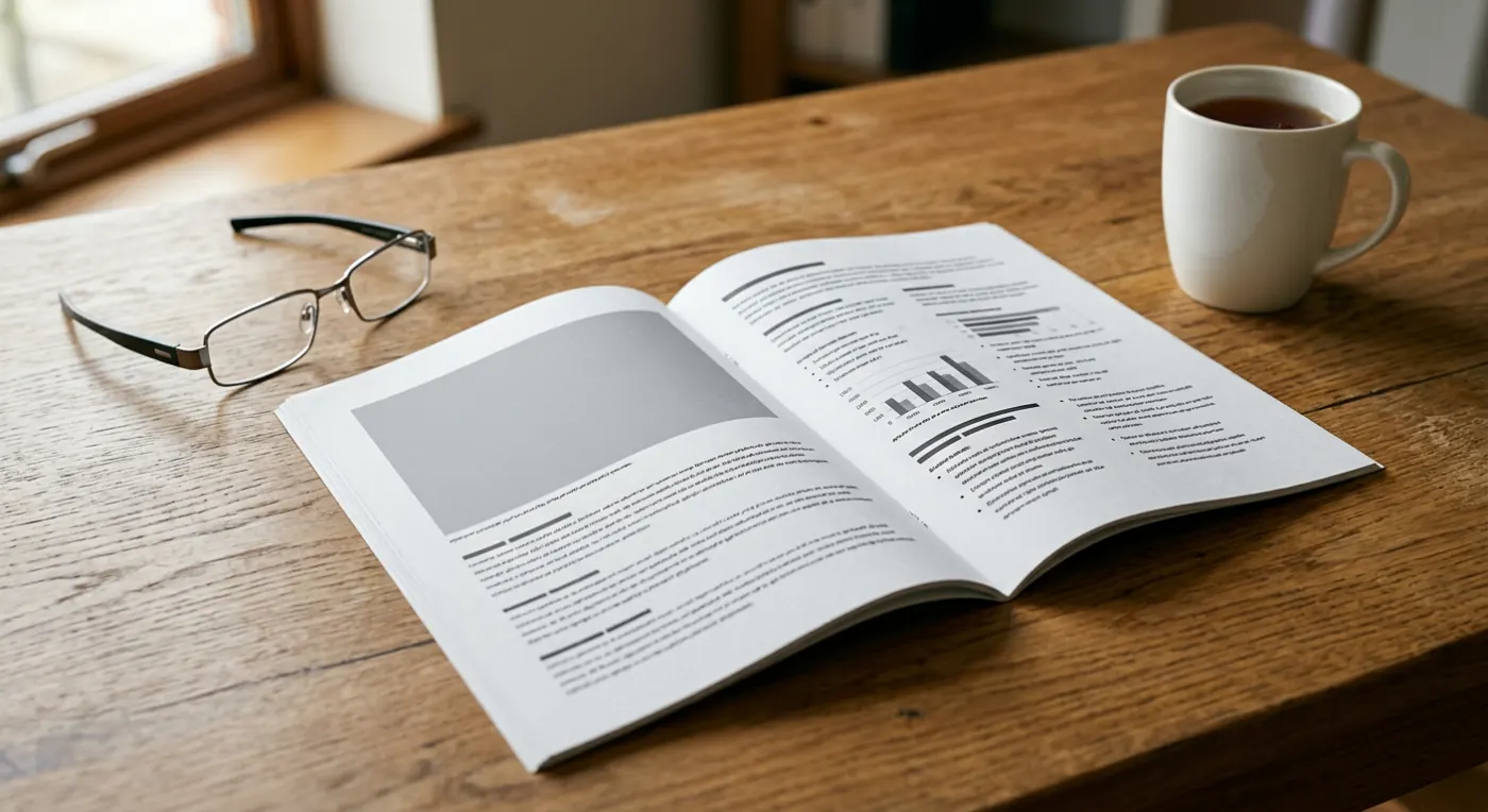 A printed roof survey report open on an oak desk beside reading glasses and a mug of tea